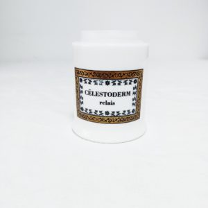 Pot à pharmacie ancien Celestoderm Relais en opaline blanche